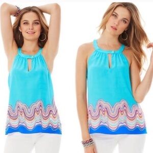 Lilly Pulitzer silk Rogan top shorely Blue the catch stripe engineered med NWT